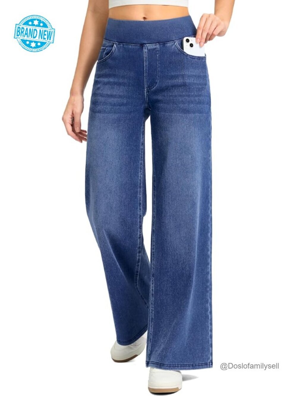 Wide Leg Jeans High Waisted Pull On Stretchy Tummy Control Baggy Straight Denim